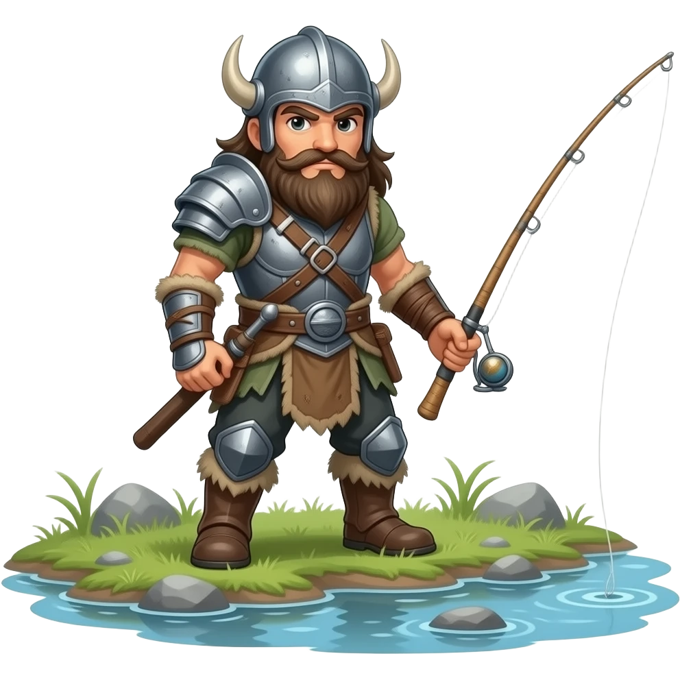 fisherman battle hard and Warrior mixed together fishing in a creek or standing alone by himself all decked out in the warrior styled, fishing gear, posing commander, fisherman soldier warrior combined emoji