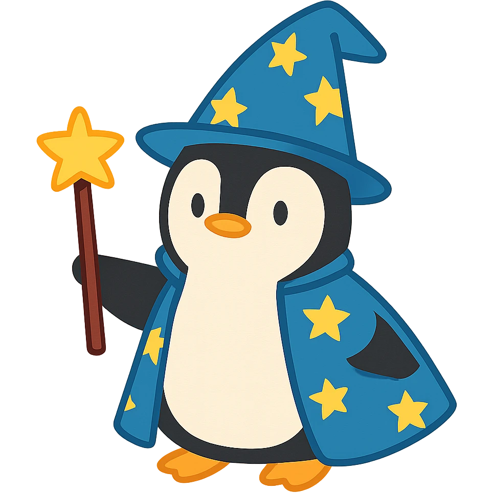 flat toon style penguin wizard with a starry hat emoji