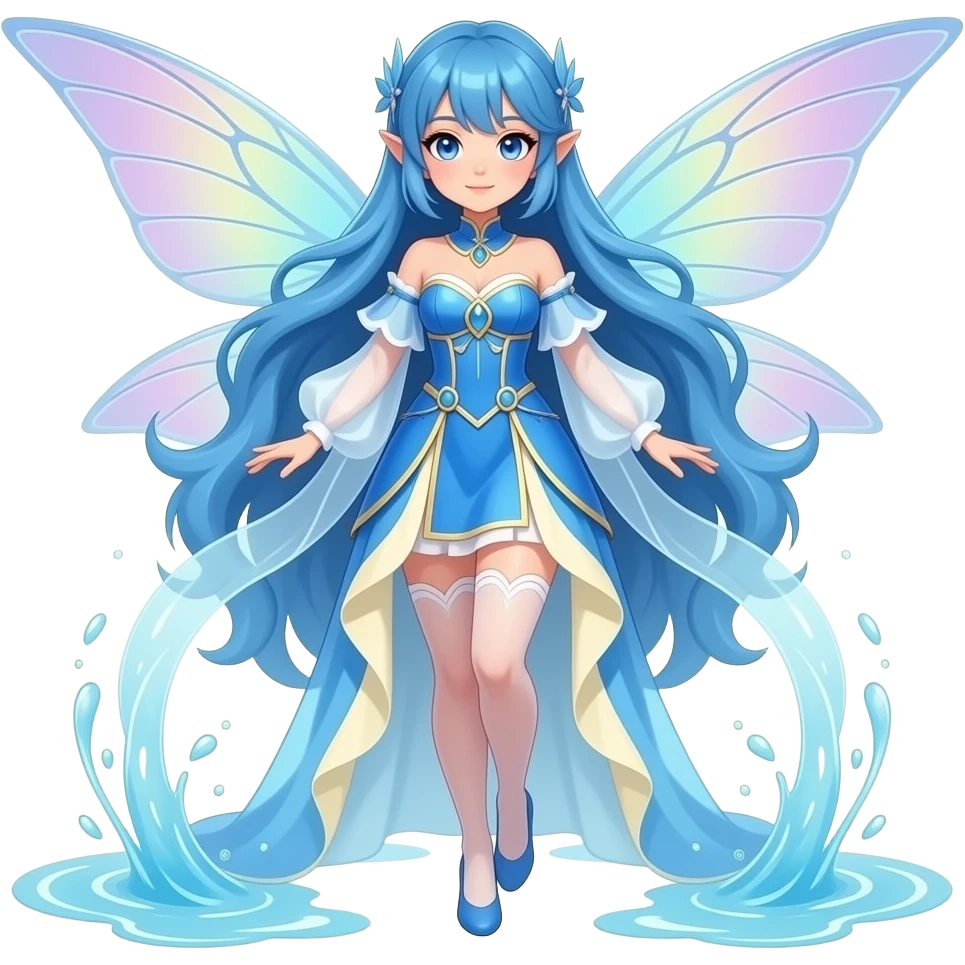 A female water fairy with a full body, blue hair violet eyes and wearing a blue outfit with white and cream yellow accents. emoji