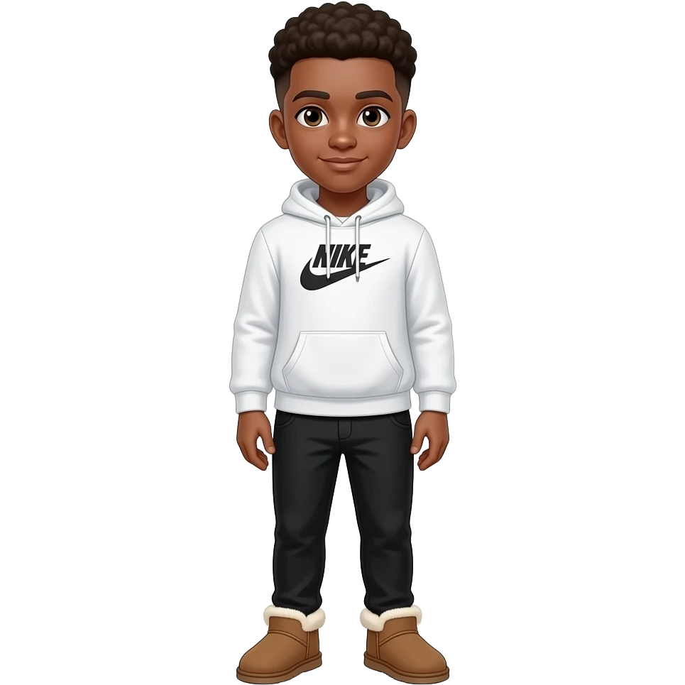 make a super hot brown skin colored high schooler with fluffy brown low taper fade wearing a white nike hoodie with black essential pants and ugg tasmans for men on the feet with no fluff on the top of the uggs emoji