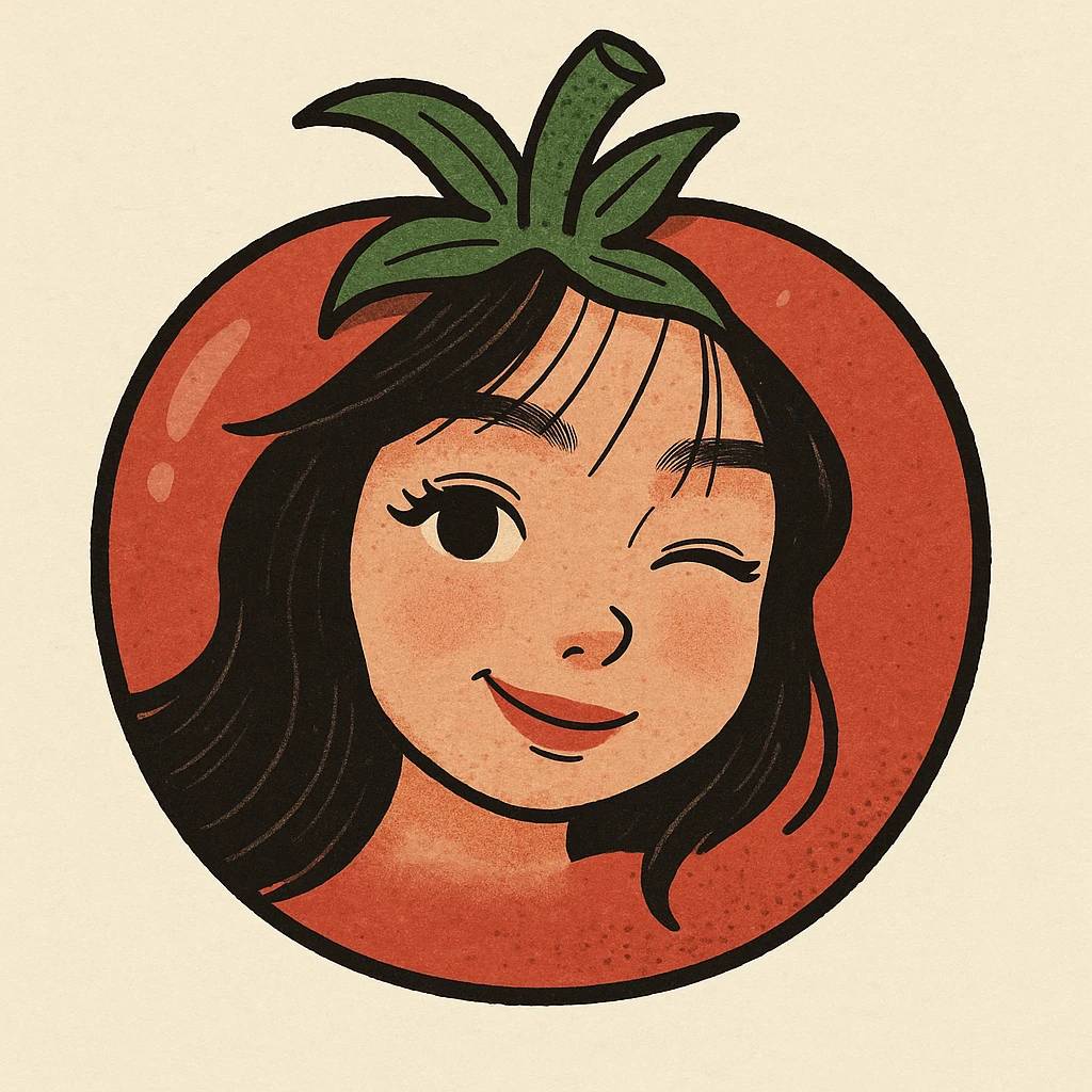 Ghép khuôn mặt trong ảnh này vào một trái cà chua, giữ nét dễ thương và tự nhiên, nền đơn giản, phong cách hoạt hình. emoji