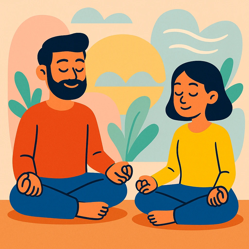 one on one guided meditation session, with a coach and a student, peaceful emoji