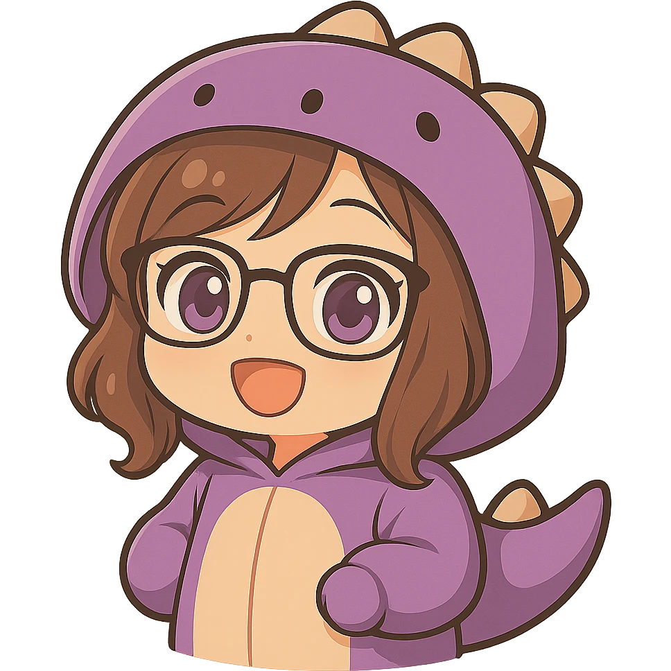 Edit the image to depict a chibi anime style girl with glasses, brown hair, and dark purple eyes, wearing a purple dinosaur costume with arms down. Keep the same chibi stickers style as the reference. Remove the background to have no background (transparent). emoji