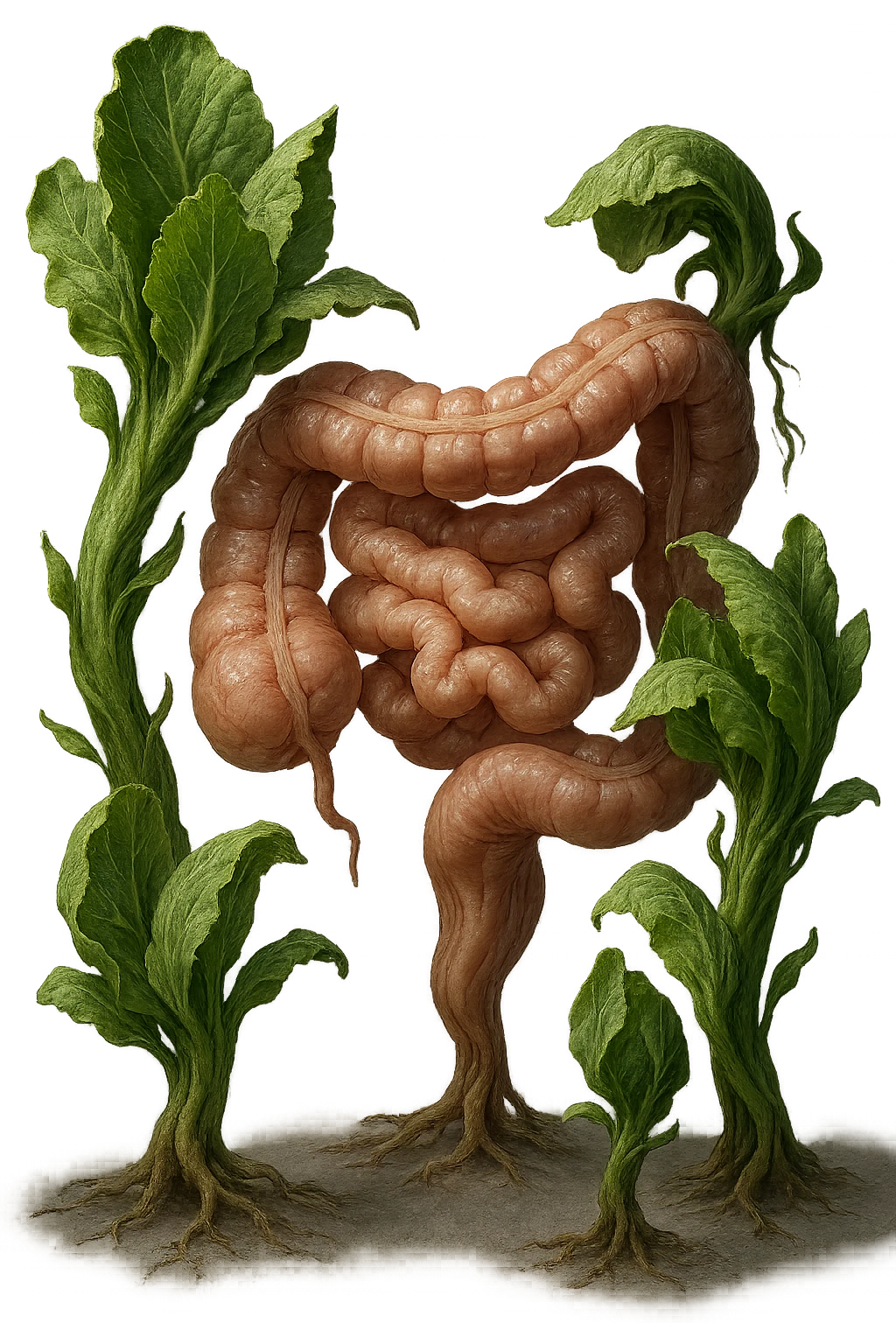 Ultra-realistic 4K illustration: stylized lettuce leaves depicted as plant-like creatures interacting with a human anatomical model of the intestine. The scene is surreal and scientific, with organic textures, refined biological details, dramatic lighting, and a bio-fantasy photorealistic style emoji