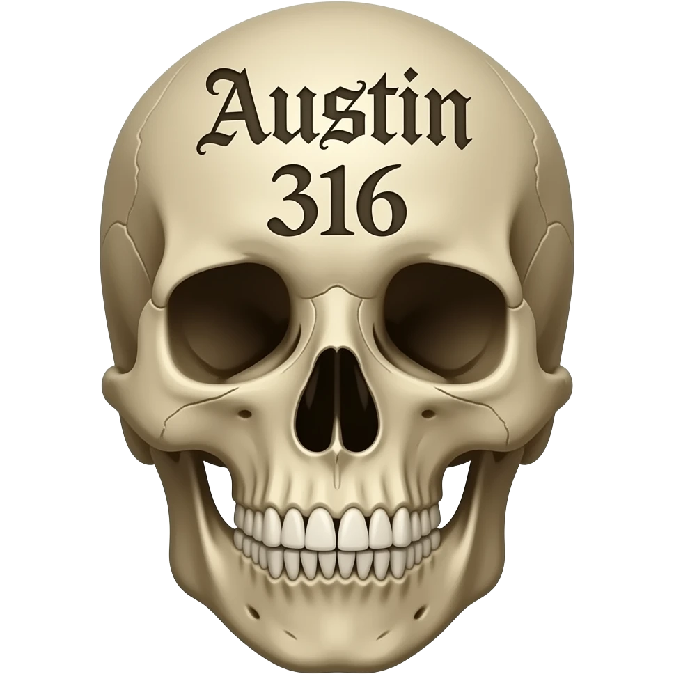 A human skull with the words Austin 316 carved in to its forehead in a Gothic font emoji