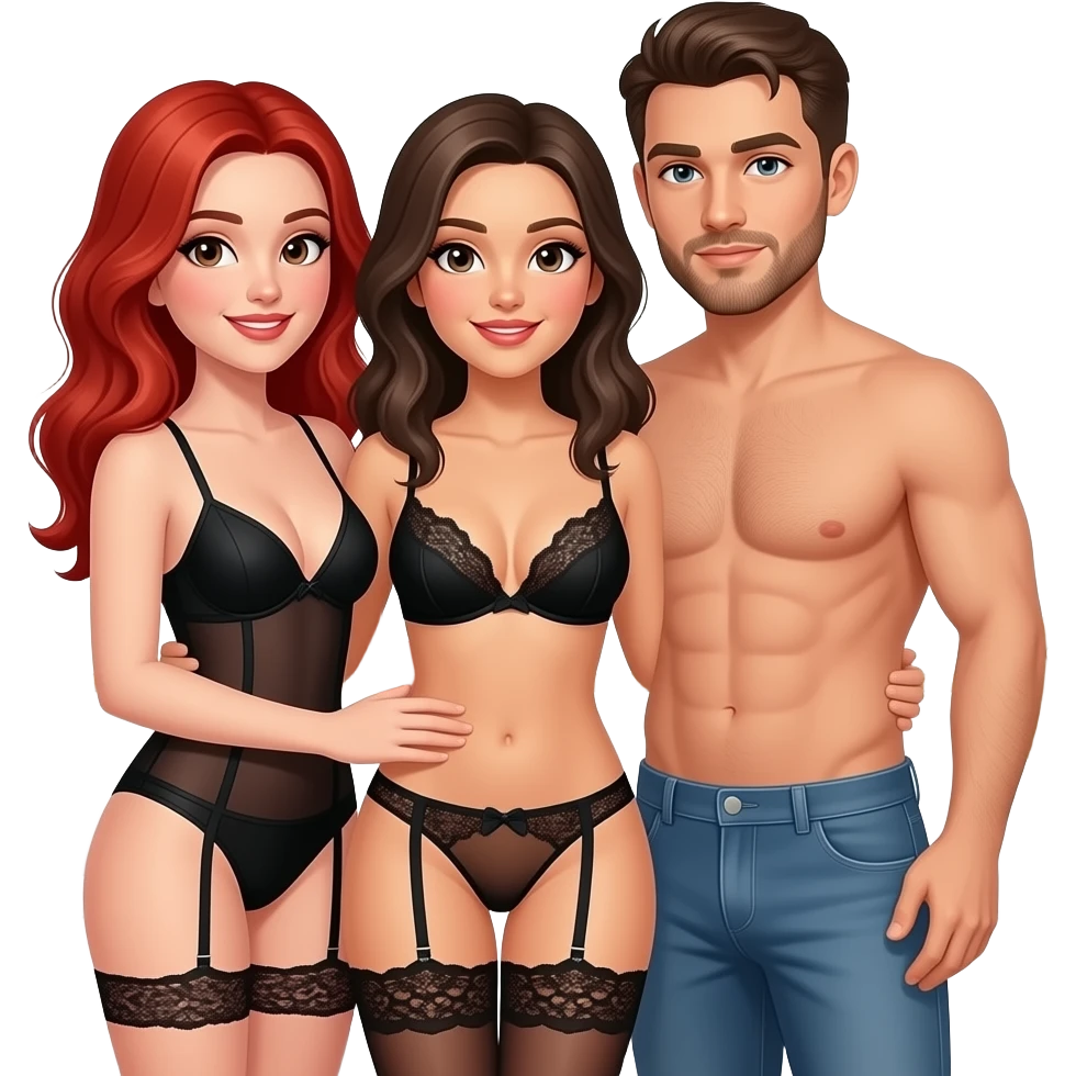 Sexy threesome in bed, 2 women one male. 1 redhead women, 1 brunette women. Man to have brunette hair with short facial hair. Women in thong lace lingerie emoji