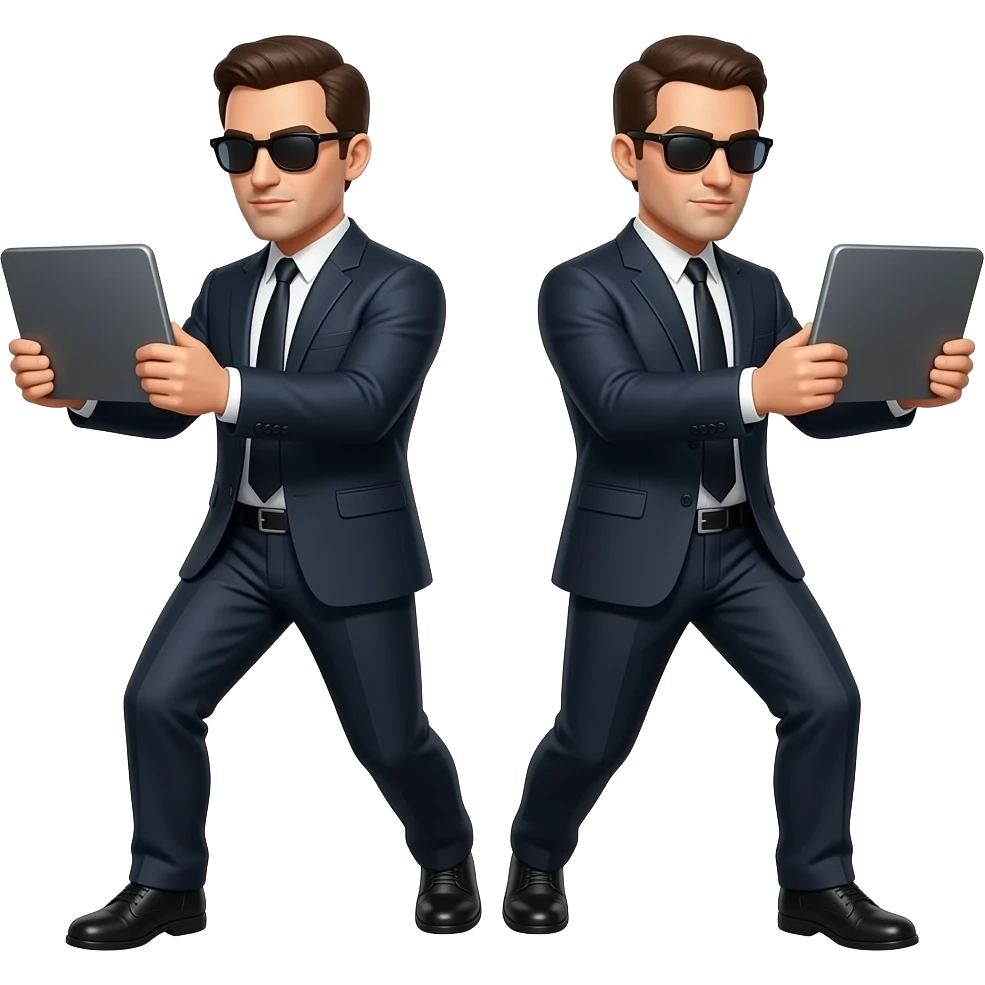 Two men dressed as agents, holding a screen, in action poses—full body. emoji