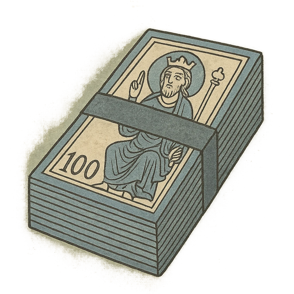 a neat bound stack of blue-and-white banknotes, koan bills , 90s futuristic, the band is dark gray emoji