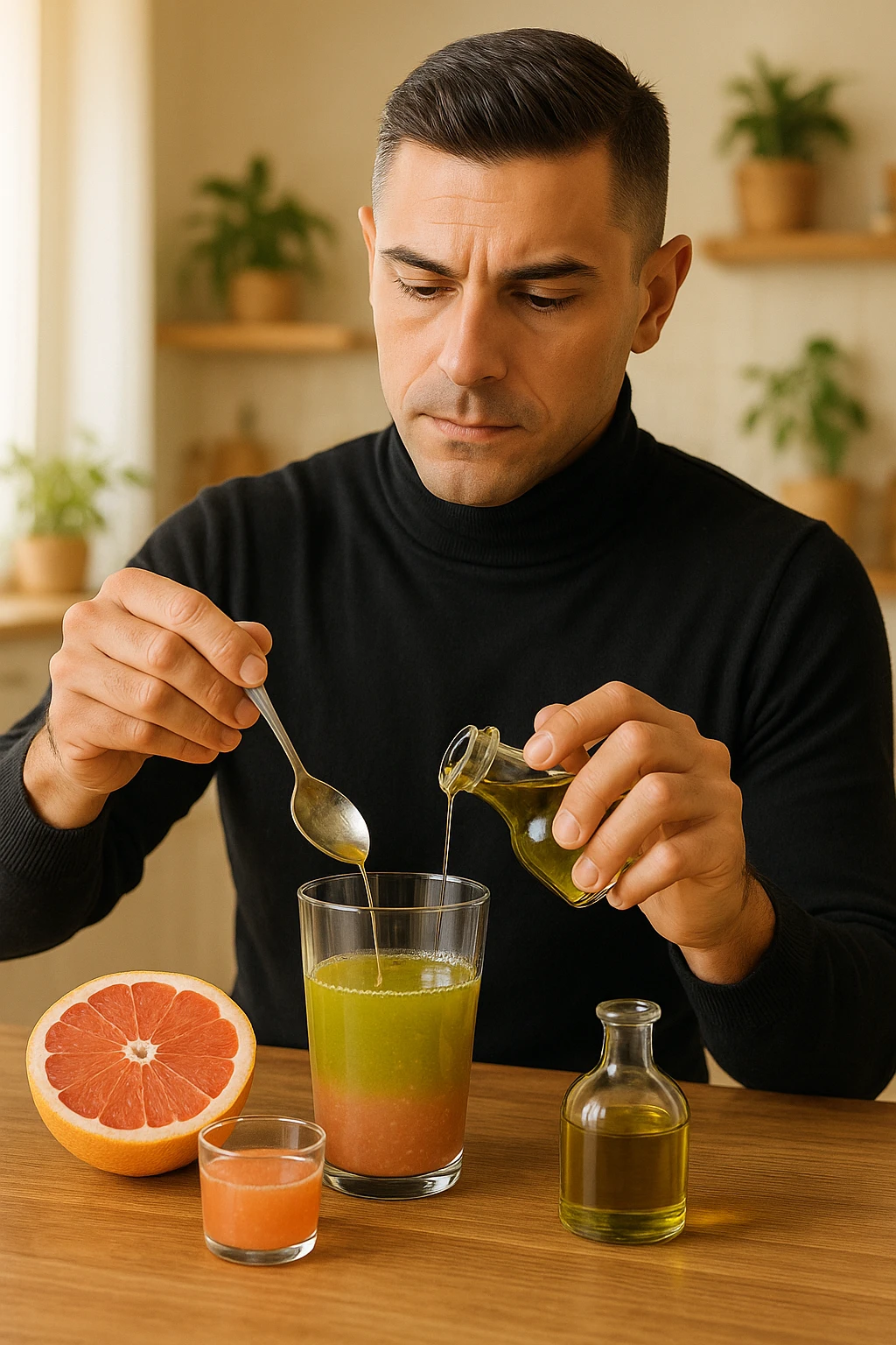 A realistic, warm-toned photo-style image of a man in his kitchen preparing a liver and gallbladder flush. On the counter, there is a small glass bottle of high-quality extra virgin olive oil with a rich green hue, and a freshly cut pink grapefruit with a small glass of its juice next to it. The man, in his mid-30s, looks focused and slightly apprehensive as he mixes the olive oil and grapefruit juice in a clear glass, preparing to drink it as part of a natural gallbladder cleanse. The background is clean, bright, and minimalist with wooden countertops, green plants, and sunlight coming through the window, giving a sense of natural health practices. The mood conveys a realistic moment of alternative health care, illustrating the preparation and intention for a natural flush to address gallstones, while maintaining a calm, educational, and hopeful tone in italiano emoji