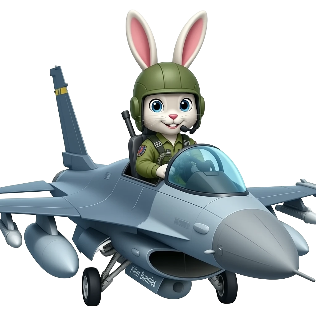 bunny in army fatigues driving a fighterplane text Killer Bunnies on bumper emoji