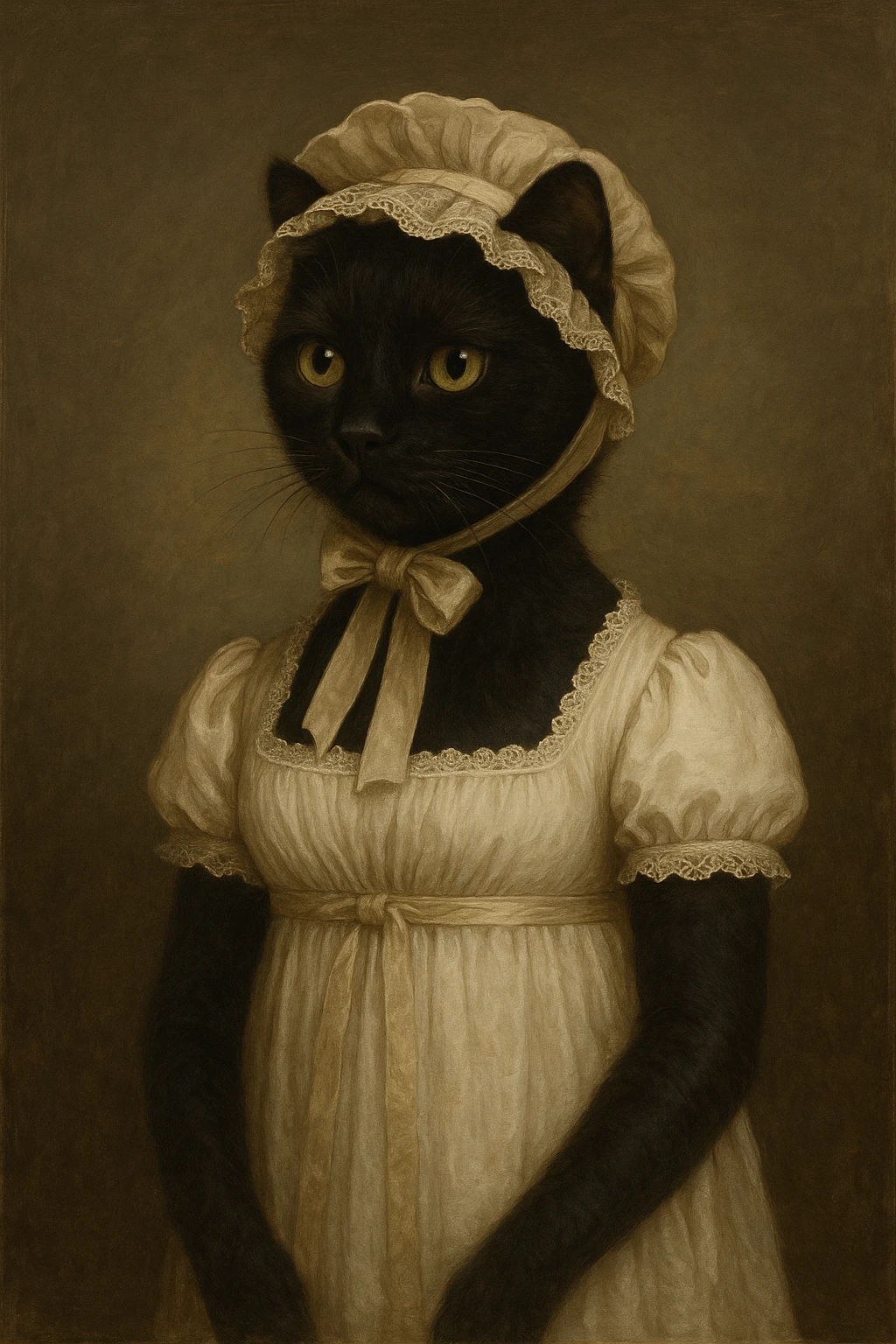 black cat in period-accurate Pride and Prejudice clothing, evoking the style of the early 1800s emoji