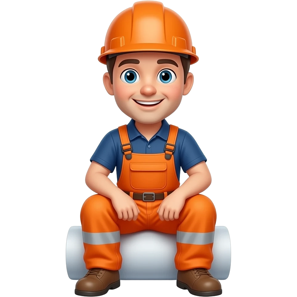 engineer sitting in full hi vis orange overalls, orange helmet, looking happy emoji