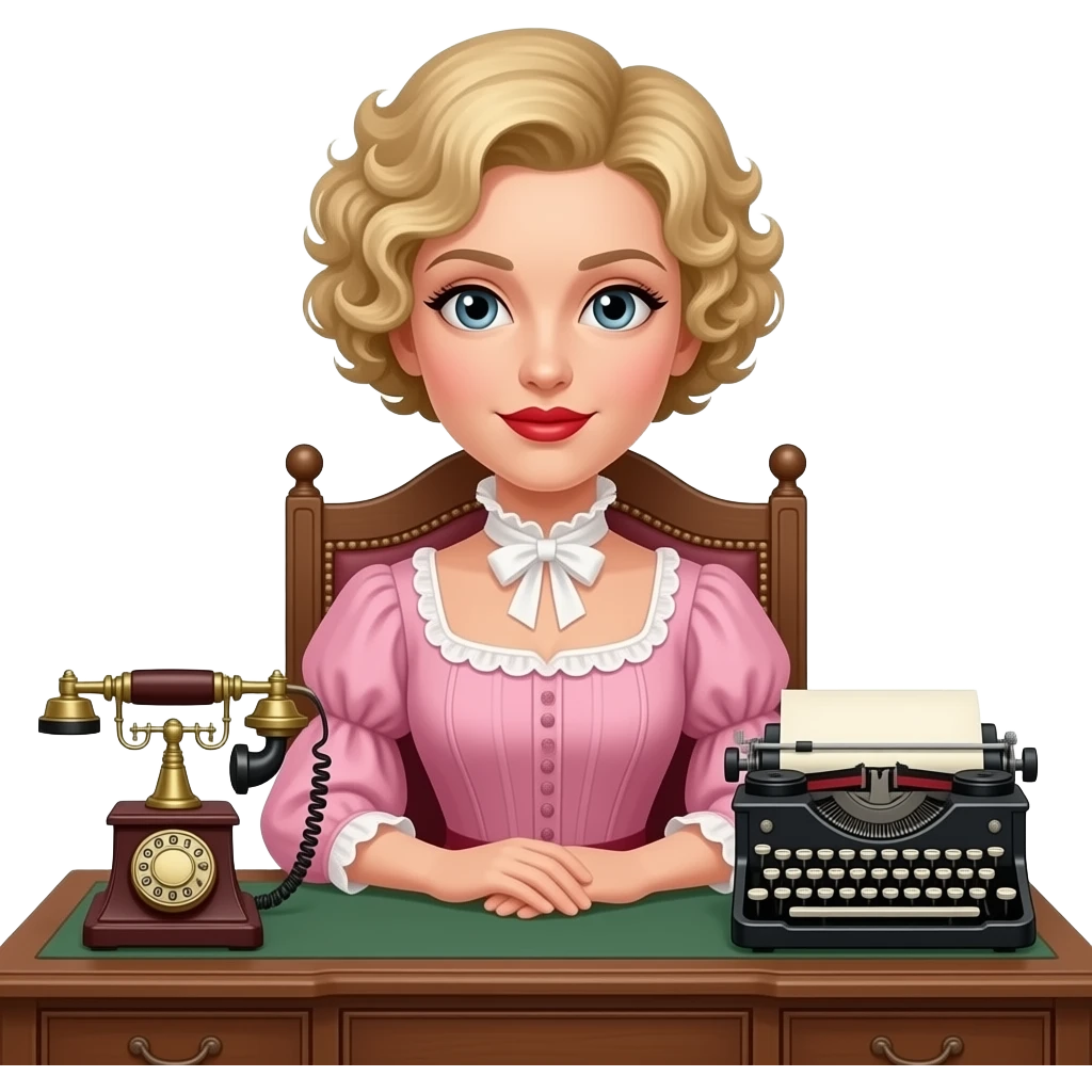 short blonde curly pixie hair in a 1800 pink dress in an antique desk, antique phone, and antique typewriter with red lipstick emoji
