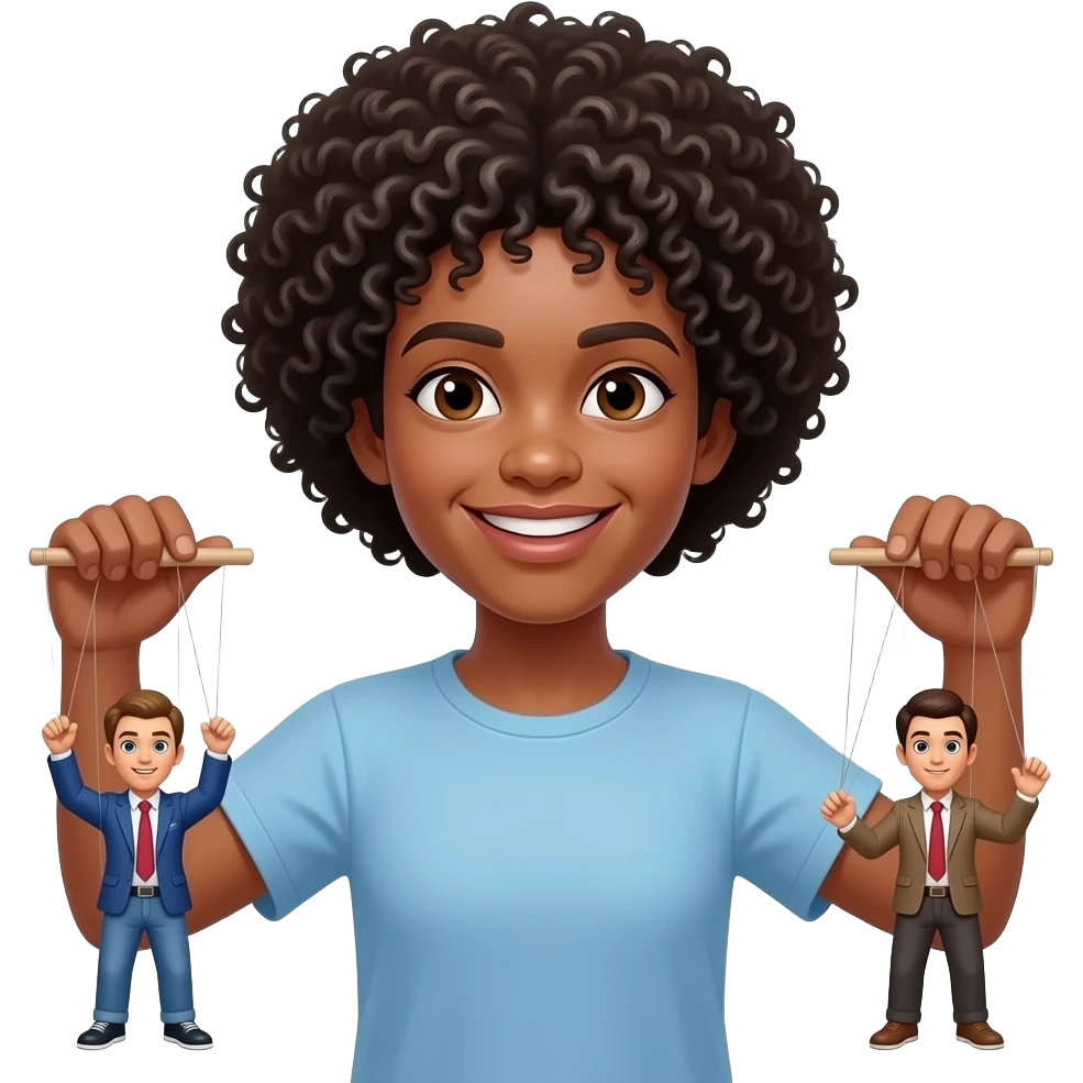 Una persona dai ricci afro, pelle colore bianco con  le sue marionette emoji