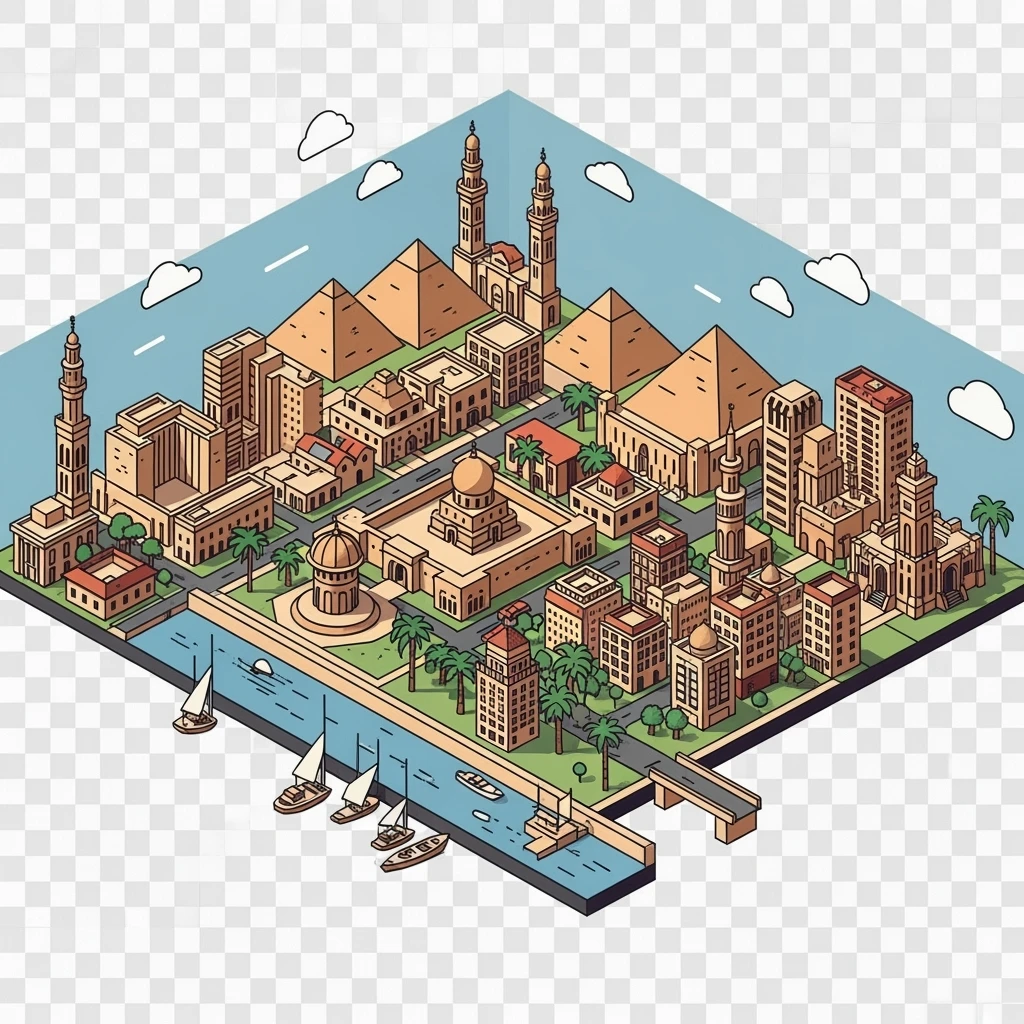 Isometric minimalistic illustration of Cairo, subtle 3D miniature effect and Tilt Shift effect, no cartoonish look, transparent background. emoji