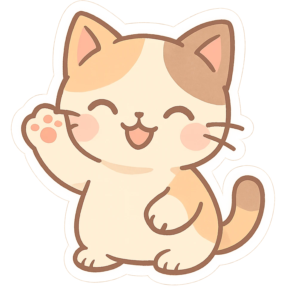 happy cat waving, pastel colors, cute expression emoji