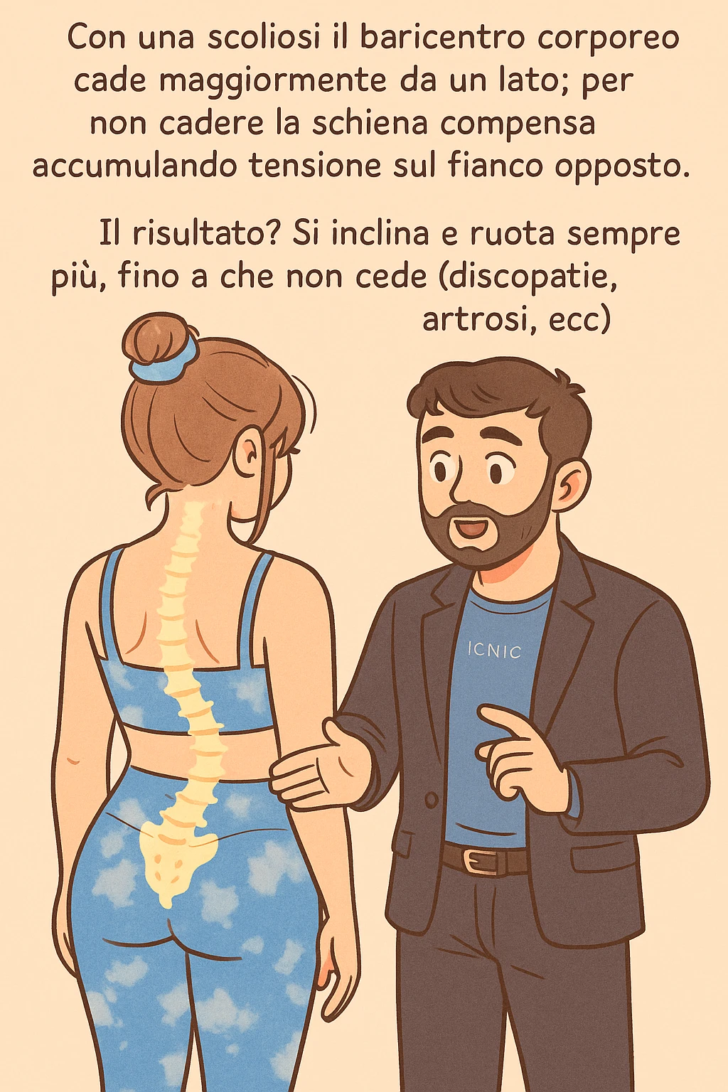 fai questa immagine in versione manga/webtoon a colori con stile di disegno carino e moderno, il manga mostra la donna di spalle, mentre l'uomo le tocca la spina dorsale per spiegarle come funziona la scoliosi:
Con una scoliosi il baricentro corporeo cade maggiormente da un lato; per non cadere la schiena compensa accumulando tensione sul fianco opposto.
Il risultato? Si inclina e ruota sempre più, fino a che non cede (discopatie, artrosi, ecc) emoji