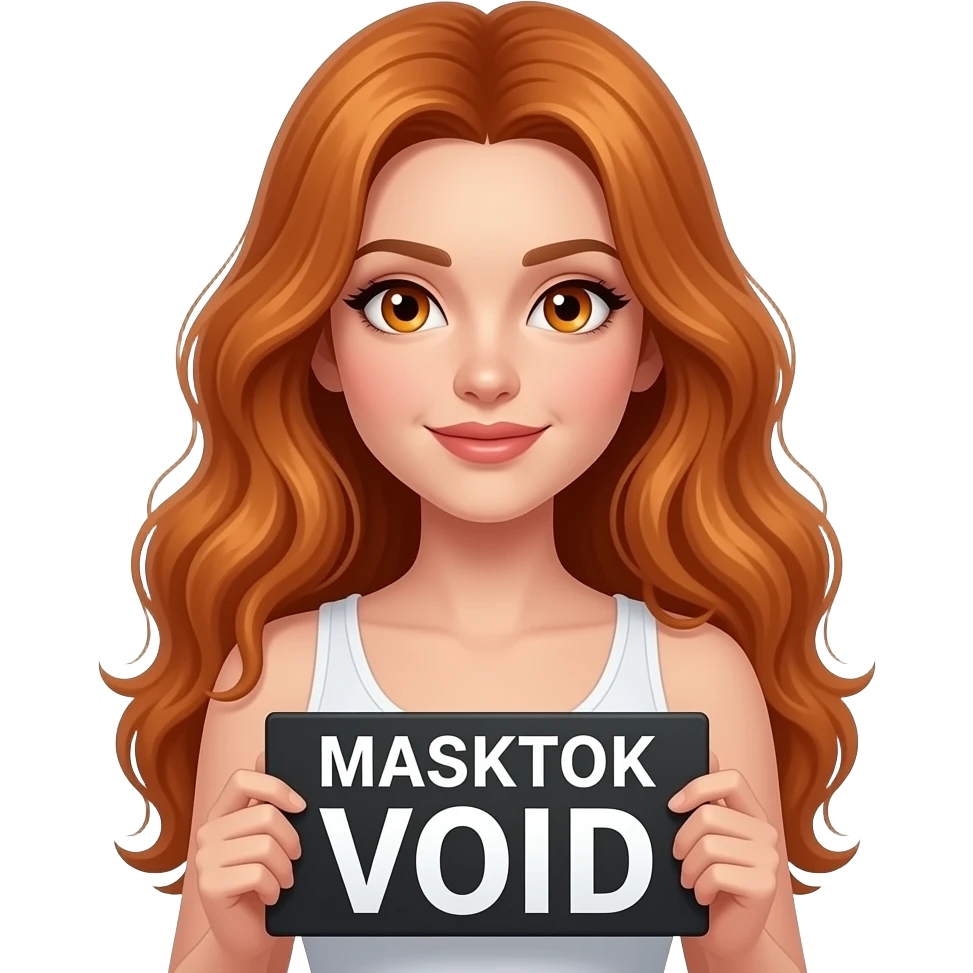 sexy girl with long wavy ginger hair and ginger eyes wearing a white tanktop is holding a black colored sign with MASKTOK VOID written on it emoji