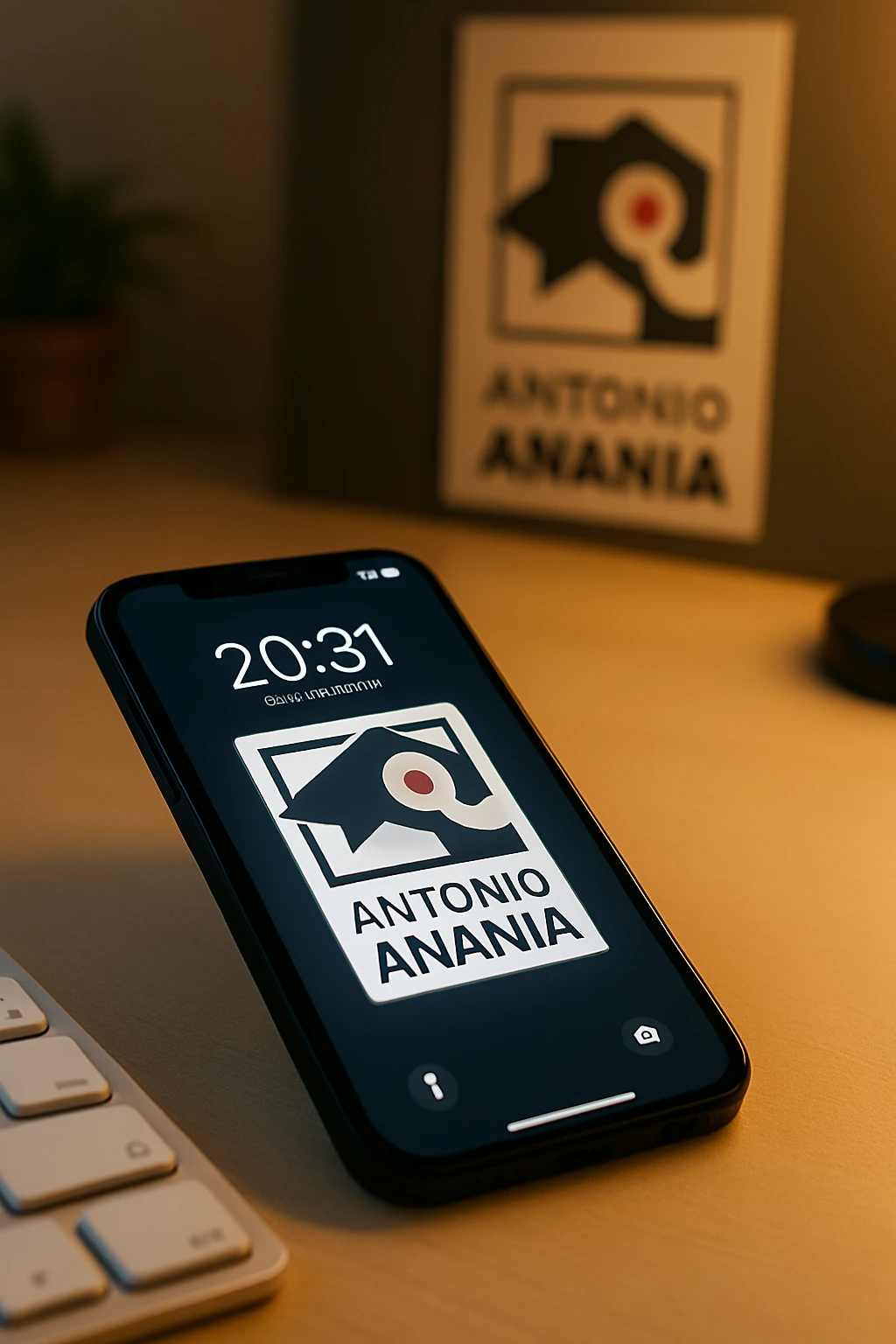 A photo of an iPhone with the message "Antonio Anania" on its screen, The phone sits atop a desk with a blurred background that suggests work environment. A faint glow from above casts gentle shadows across the surface of each object, creating depth and highlighting their textures emoji