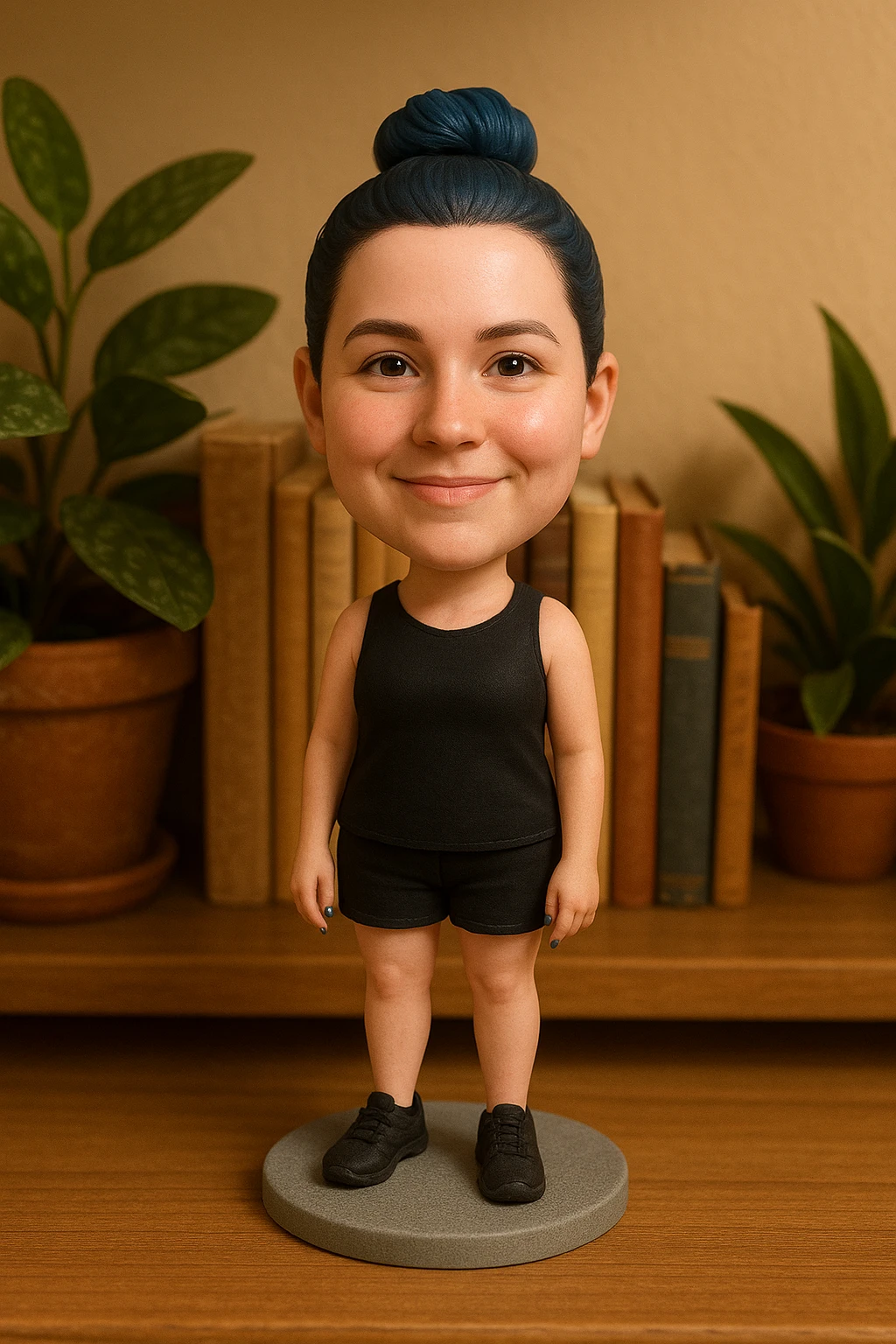 Woman with dark blue hair and blue fingernails standing on a sidewalk emoji