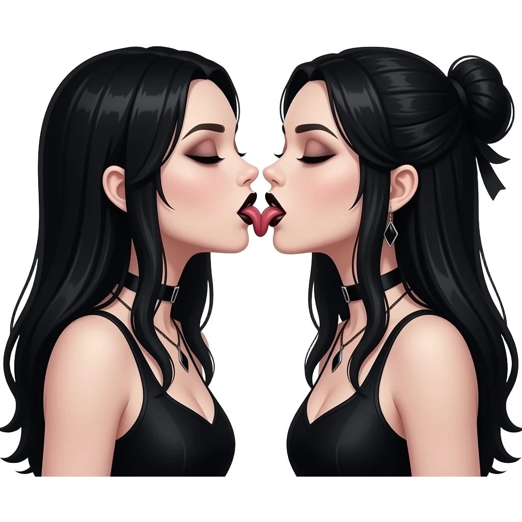Two exy dark gothic woman kissing with tongue. Fantasy realistic emoji