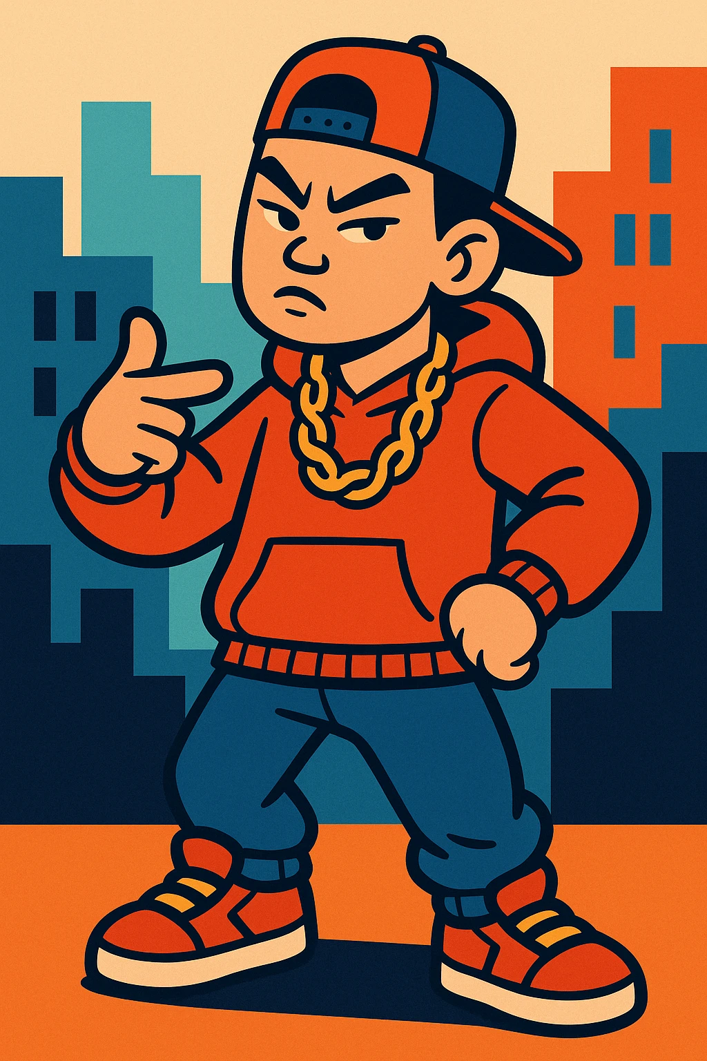 hip hop Chinese American character wearing streetwear, gold chain, and a cap, confident pose, urban vibe, modern illustration style emoji