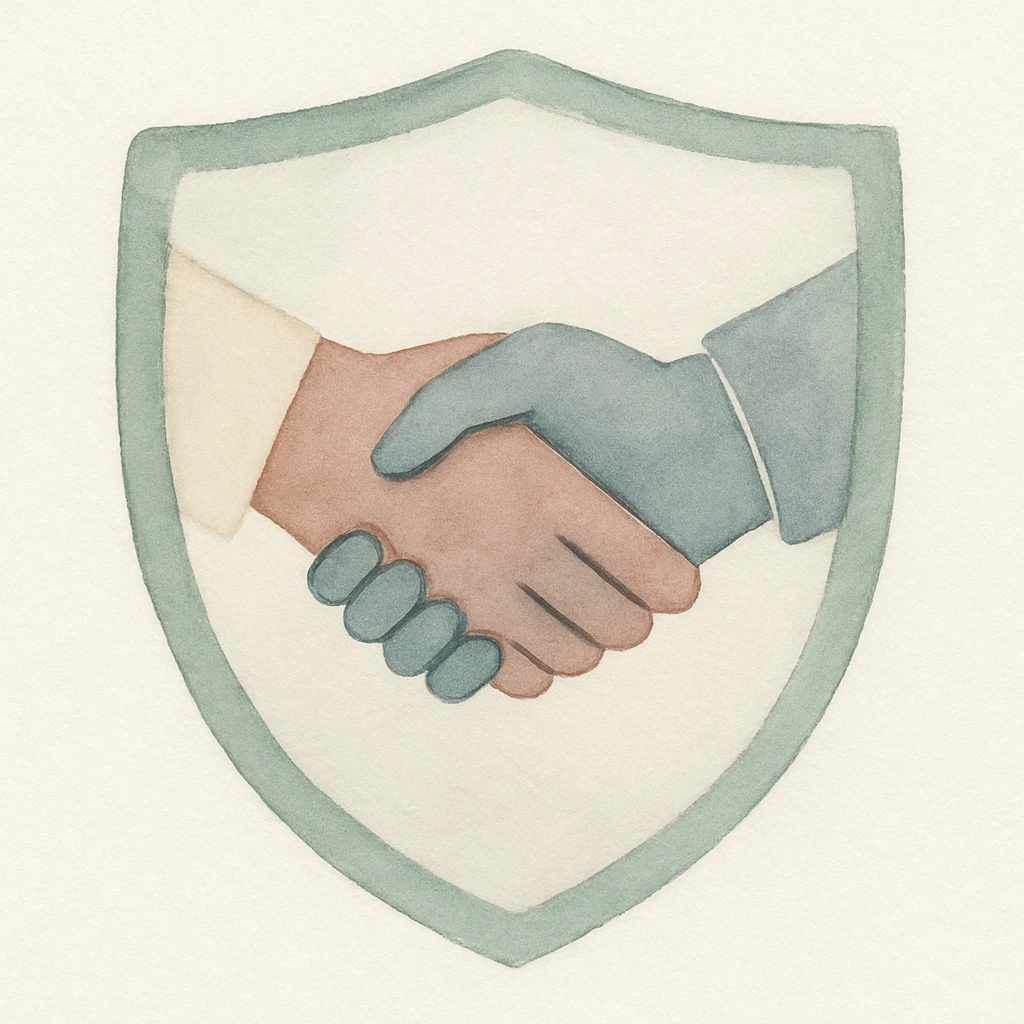 shield-shaped crest with two hands shaking, watercolor art style emoji