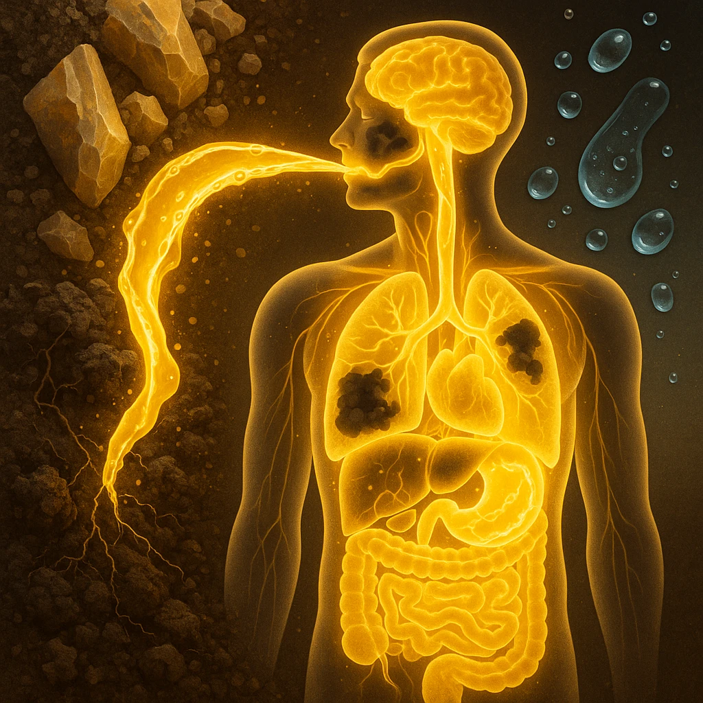 Symbolic scene of fulvic acid as a glowing liquid or natural extract being absorbed by a semi-transparent human body. The glowing liquid flows inside, dissolving dark, toxic-looking areas and leaving clean, glowing tissues and organs. Background includes minerals, soil, and pure water, suggesting deep cellular cleansing. Style is conceptual, semi-realistic, medical-meets-holistic with a clean energy aesthetic and vibrant contrast between detox and toxicity. High detail, 4K resolution. emoji