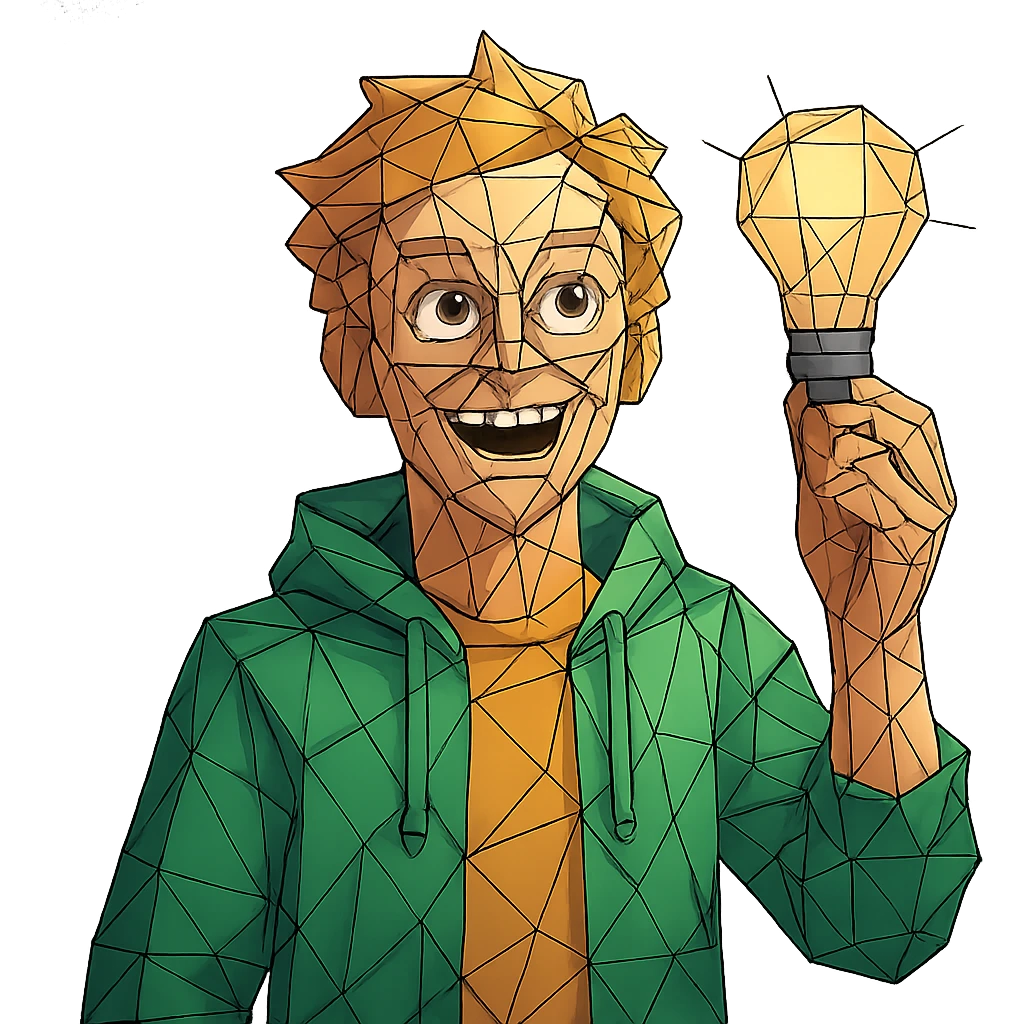 bright and expressive male visionary, fair skin, tousled golden hair, wide joyful eyes, wearing a green hoodie over a yellow tee, one hand raised with a glowing lightbulb, waist-up, front-facing emoji