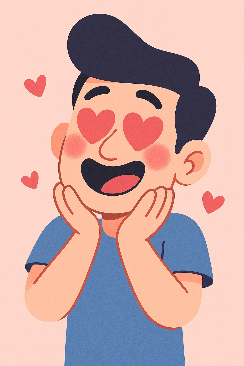 cartoon man with heart eyes, blushing with love, pastel toon style emoji