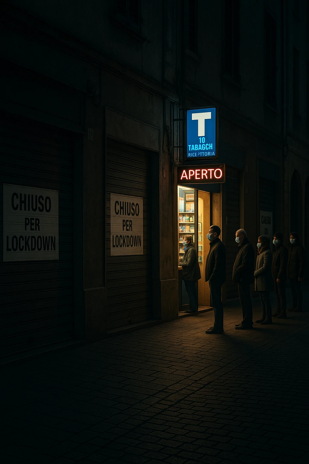 a deserted city street with all shops and businesses shuttered, their windows covered with “Chiuso per Lockdown” signs. In contrast, a brightly lit tobacco shop stands open, with a glowing “Aperto” sign and people lined up outside, all wearing masks. The mood is somber and critical, highlighting the paradox. emoji