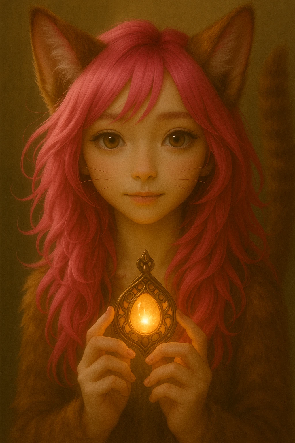 Give the catgirl a magical accessory like a glowing amulet or enchanted staff, while preserving the realistic anime style and pink hair. emoji
