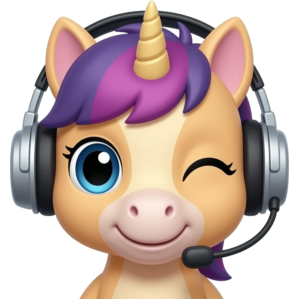 cute Pony winking with Headset closeup , front facing emoji