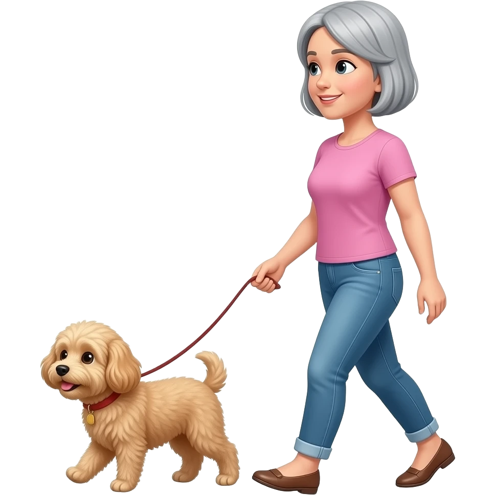 woman with short gray hair walking small tan fluffy dog going to left emoji