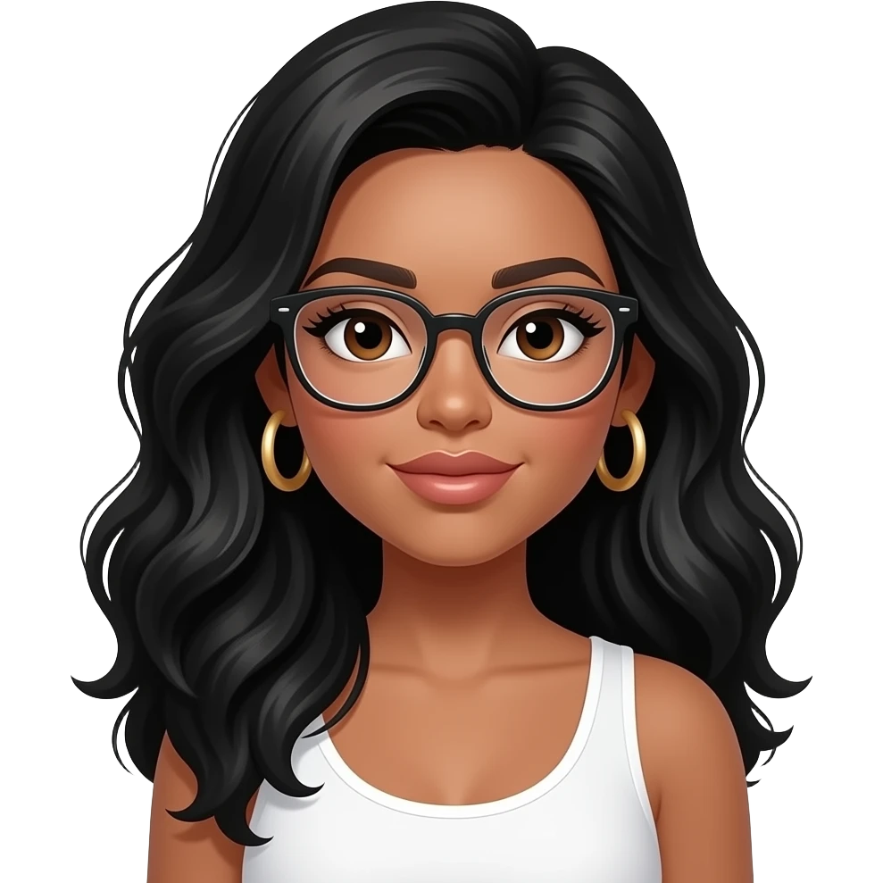 very light brown skin, almost pale, very beautiful woman, with big plump lips, long long lashes, black wavy long hair, brown eyes, white tank top, gold hoop earrings and glasses emoji