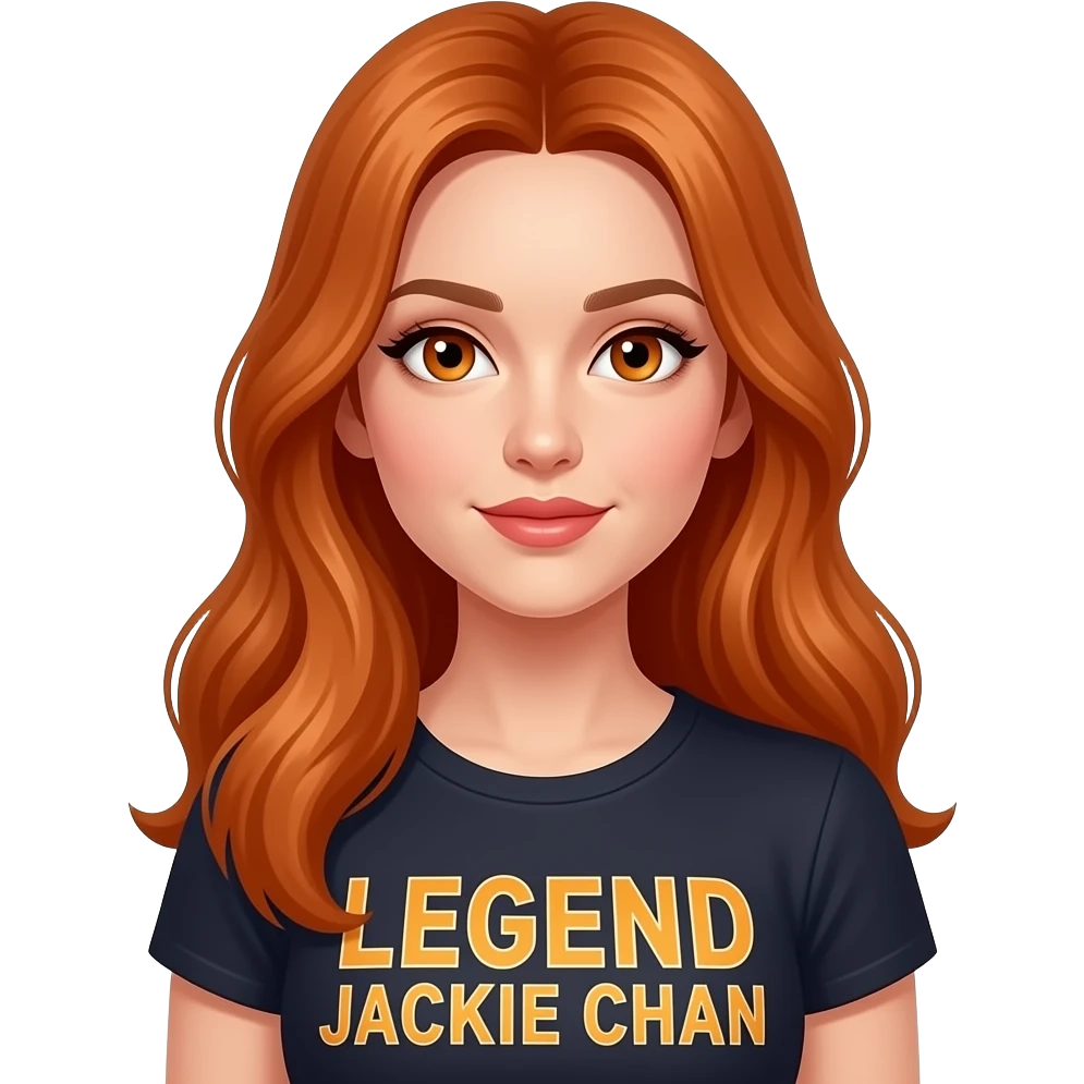 sexy girl with long ginger hair and ginger eyes a top with LEGEND JACKIE CHAN written on it emoji