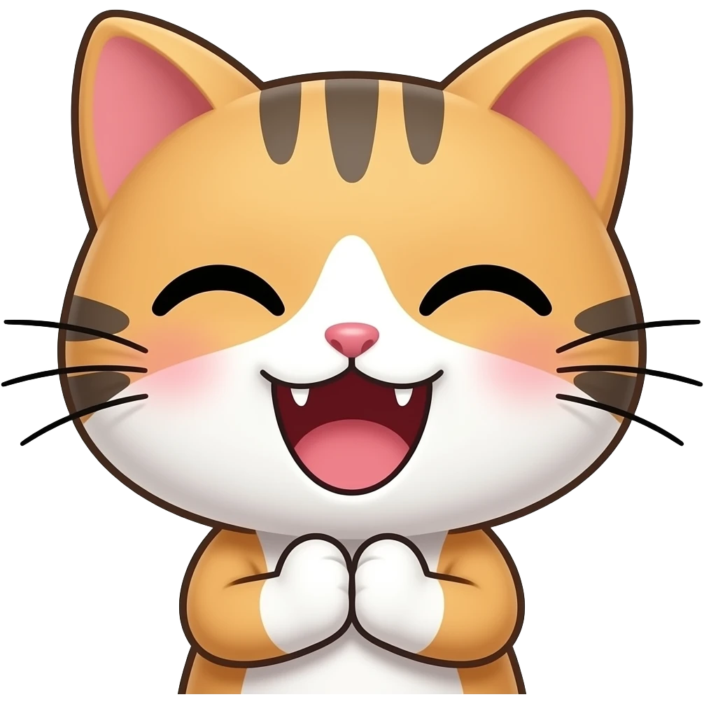 I want a cute emoji of a cat face drawn in kawai manga style. Is should look super happy, have closed rounded eyes, a wide open smiling mouth with two small fangs showing. The body should not be visible. Two paws should be visible, held together to form a thank you gesture. emoji