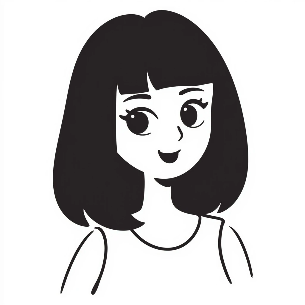 A pretty girl with black straight bob hair. She has hazel eyes with black eyeliner. She has plump red lips. She is wearing a white tank top emoji