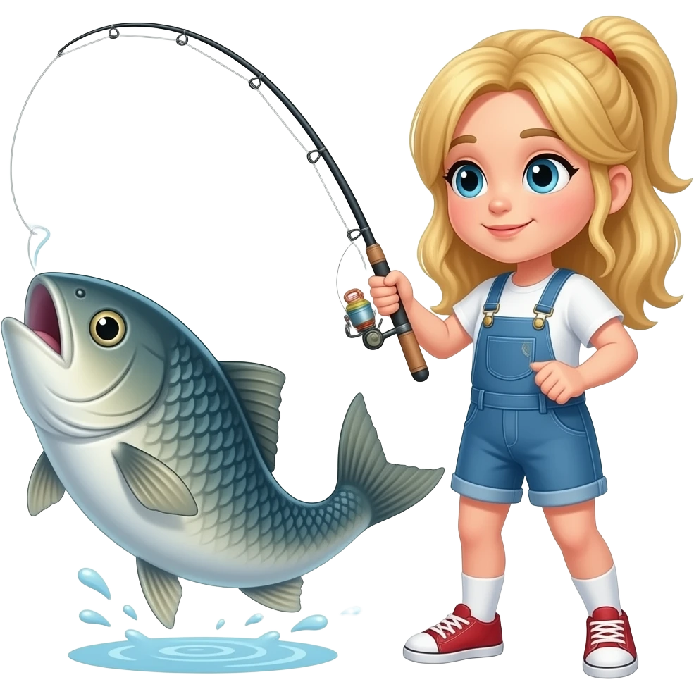a blonde girl hooksetting a big fish emoji