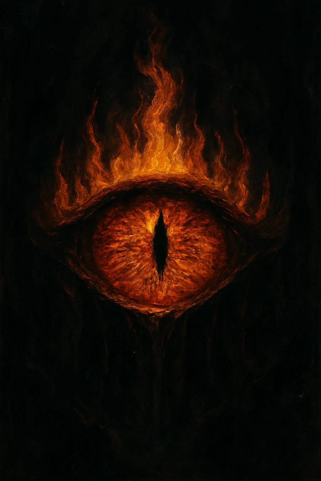 Sauron's eye, glowing with flames, dark dramatic style, intense shadows emoji