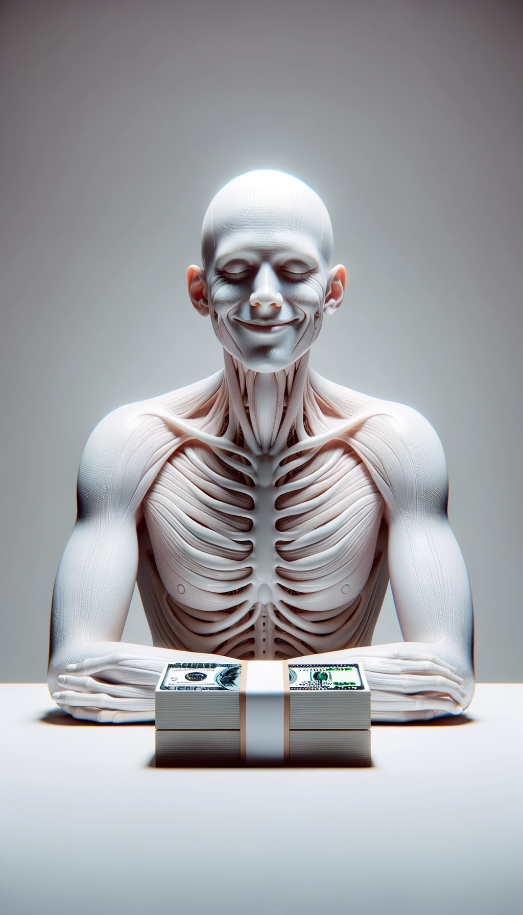 corpo umano anatomico sereno e felice con una montagna di soldi davanti, espressione stupita, iperrealistica 4k, isolato su sfondo bianco emoji