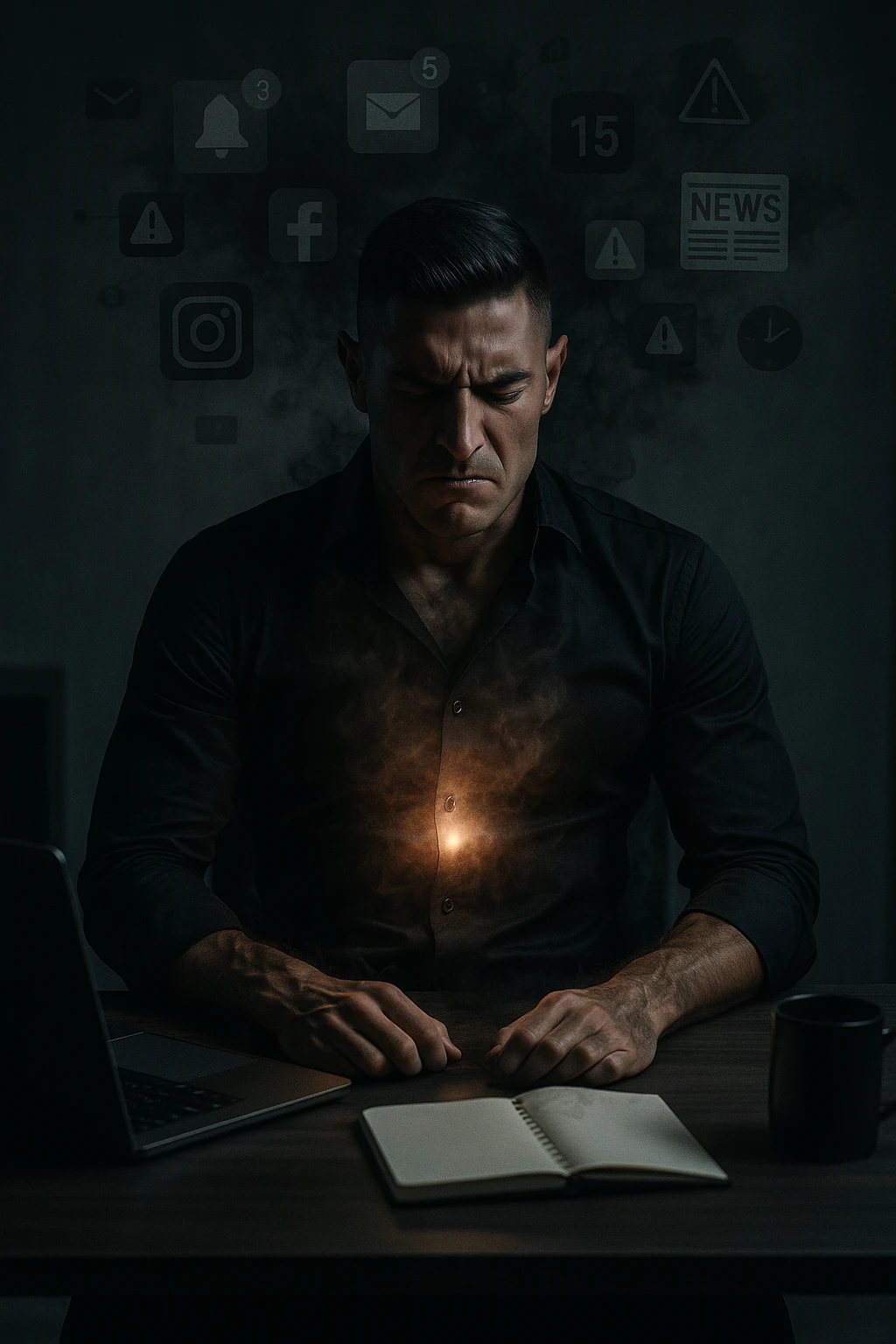 A highly realistic, cinematic image of a young man in his early 30s, sitting at a modern office desk under harsh artificial lighting, shoulders hunched, jaw clenched, and breathing shallowly, symbolizing how modern society forces people to live in a state of chronic tension and restricted breathing. Around him, faint black and grey visual elements represent notifications, deadlines, social media icons, and news alerts, swirling around his head like a chaotic storm, symbolizing societal pressure. His chest appears visually tight and compressed, and faint dark smoke emanates from his body, representing blocked breath and internalized stress. In contrast, a faint glowing light near his chest and abdomen tries to expand, symbolizing the innate desire of the body to breathe freely and deeply. The environment is cold and minimalistic, with a sense of stillness and tension, captured in a hyperrealistic 35mm film style with muted colors, focusing on the man's tense posture and restricted breathing to reflect the unseen burden of modern living. in italiano emoji