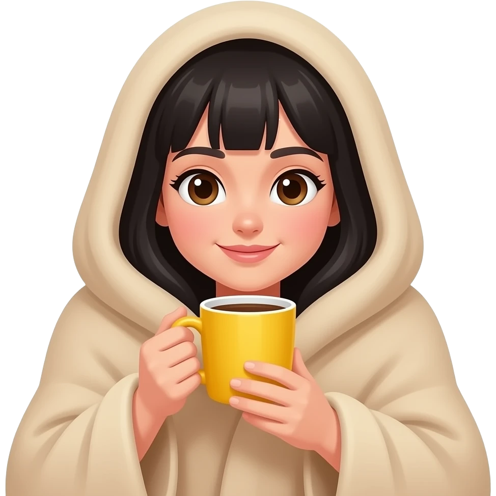 A cute white woman with black hair, with a large beige blanket, drinking coffee in a yellow mug, very cozy, iPhone emoji style emoji