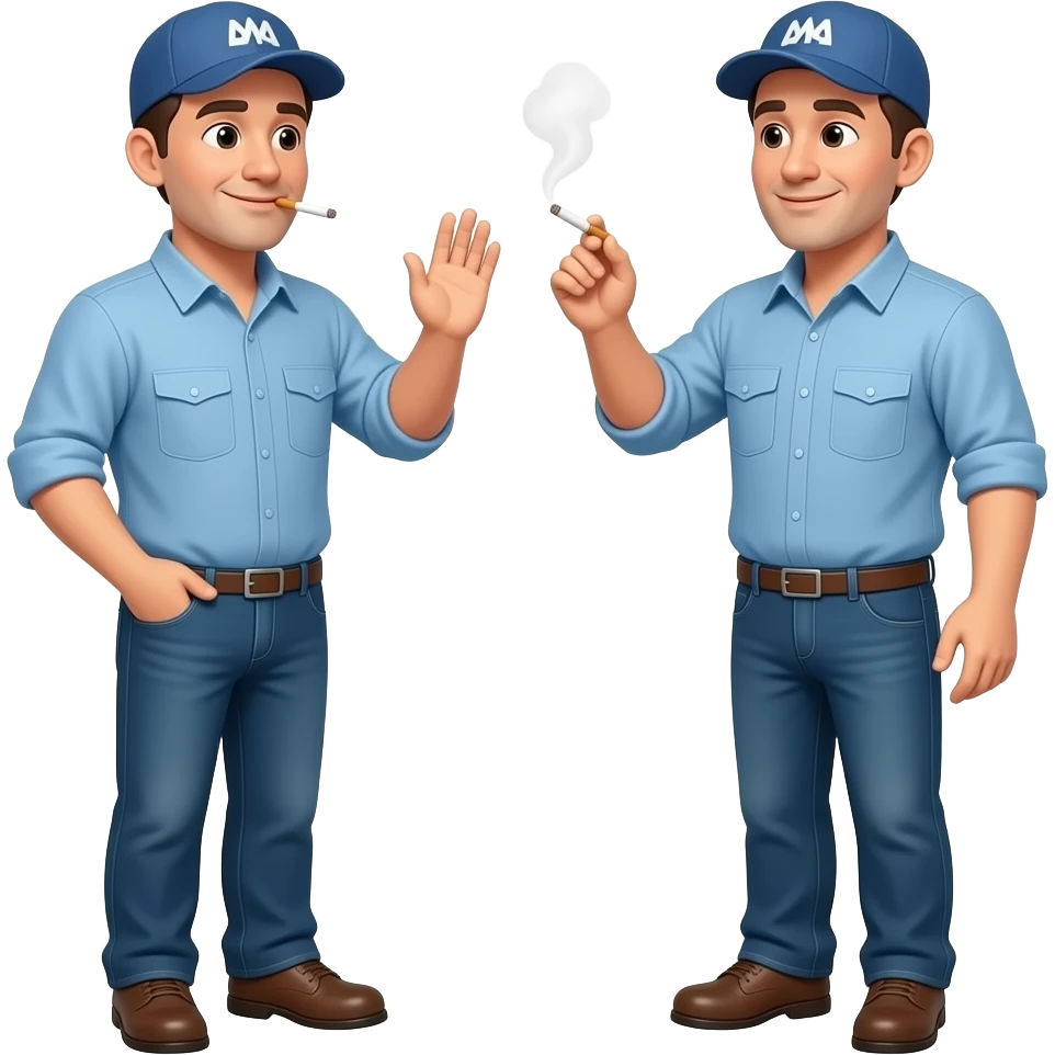 Two different blue collar men waving to each other smoking cigarettes emoji