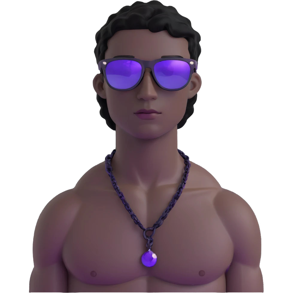 shirtless male athlete with white skin and moderately curly black hair on top with shaved sides, wearing purple sunglasses with very dark heavily tinted black lenses, and a simple plain black chain necklace with absolutely no pendant or decoration emoji