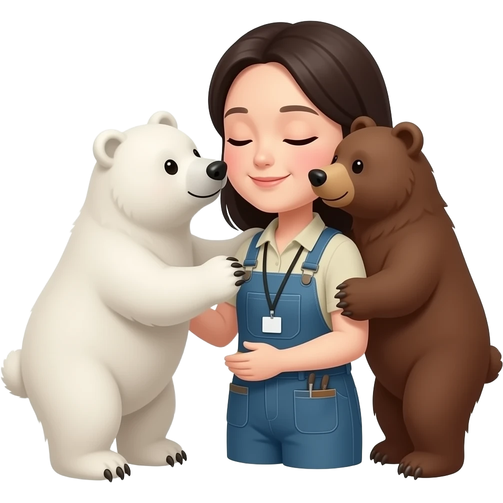 korean woman zookeeper for one white bear and one grizzly bear ( same height) affectionate to the zookeeper emoji