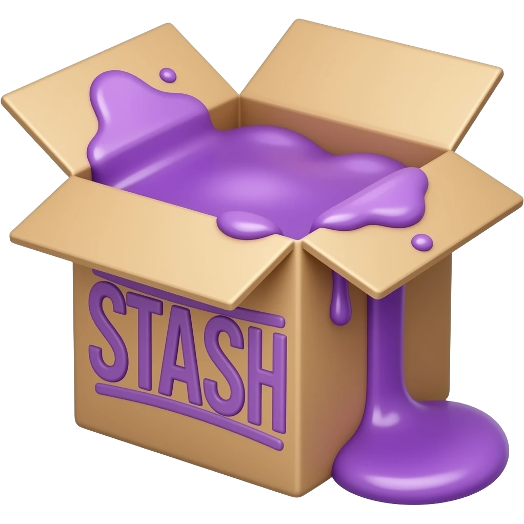 a box with purple syrup flowing out of it and a large inscription on the box saying "STASH" emoji