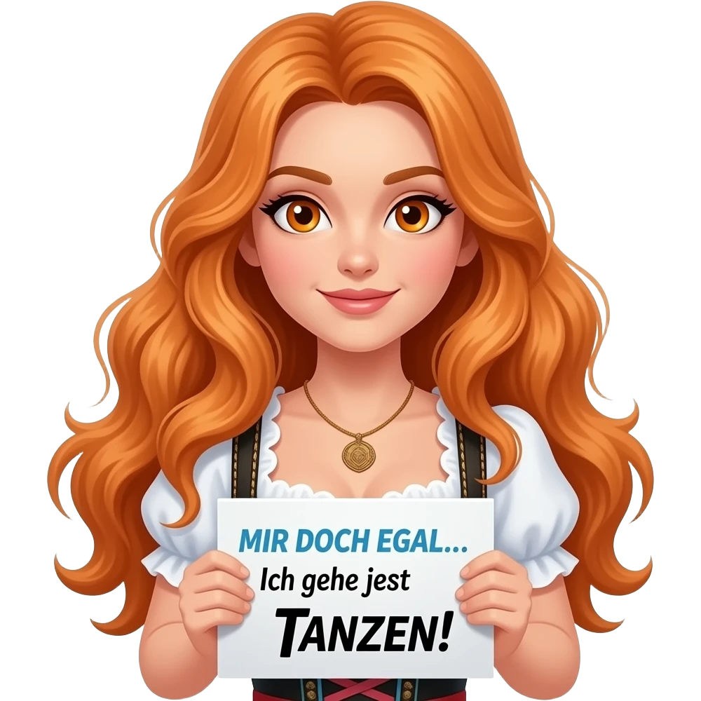 sexy girl with overlong ginger hair and ginger eyes wearing a dirndl holding MIR DOCH EGAL... Ich gehe jetzt TANZEN! sign emoji