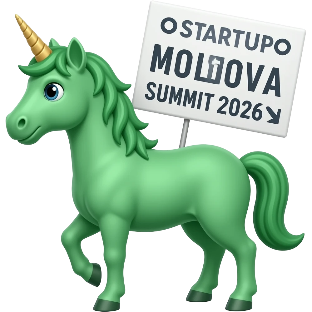 A green unicorn holding a sign that says "Startup Moldova Summit 2026" emoji