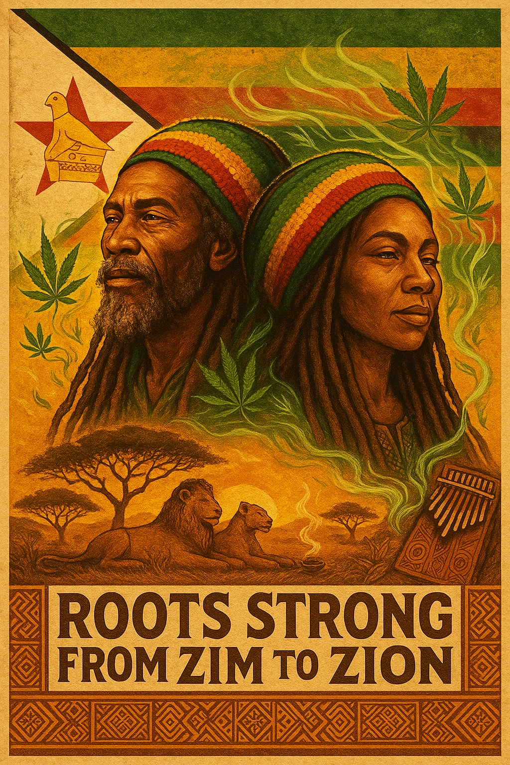 Design a powerful digital illustration in vintage poster style featuring a proud Zimbabwean Rasta man and woman with long dreadlocks and a knitted red, gold, and green tam. The background should blend the iconic Zimbabwe flag with textured detail — the red star, bird emblem, and bold stripes clearly visible but stylized with artistic flair. Add rich African earth tones, golden sunlight, and natural scenery like acacia trees, lions, or smoke from a healing herb circle. The Rasta should have a wise, peaceful expression — eyes full of ancient memory and inner fire. Incorporate ganja leaves subtly in the design, maybe flowing with the wind or circling the character like aura energy. Accent with traditional Shona patterns or mbira (thumb piano) motifs. Let the message reflect strength, unity, and ancestral healing. Optional text: “Roots Strong from Zim to Zion” or “Mash up Babylon from Harare to di hills.” emoji
